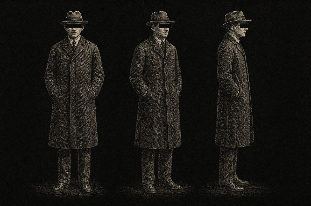 Engraved turnaround of Al, a man in a long overcoat and hat, shown from three angles. His eyes are covered by a black redaction bar.